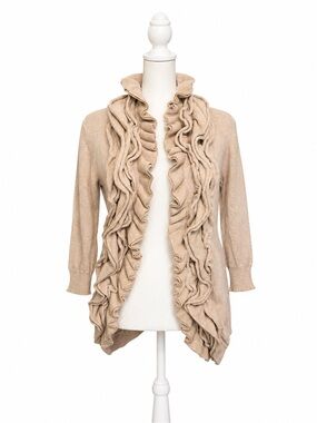 Romeo & Juliet Couture Beige Ruffle-Trim Open Cardigan